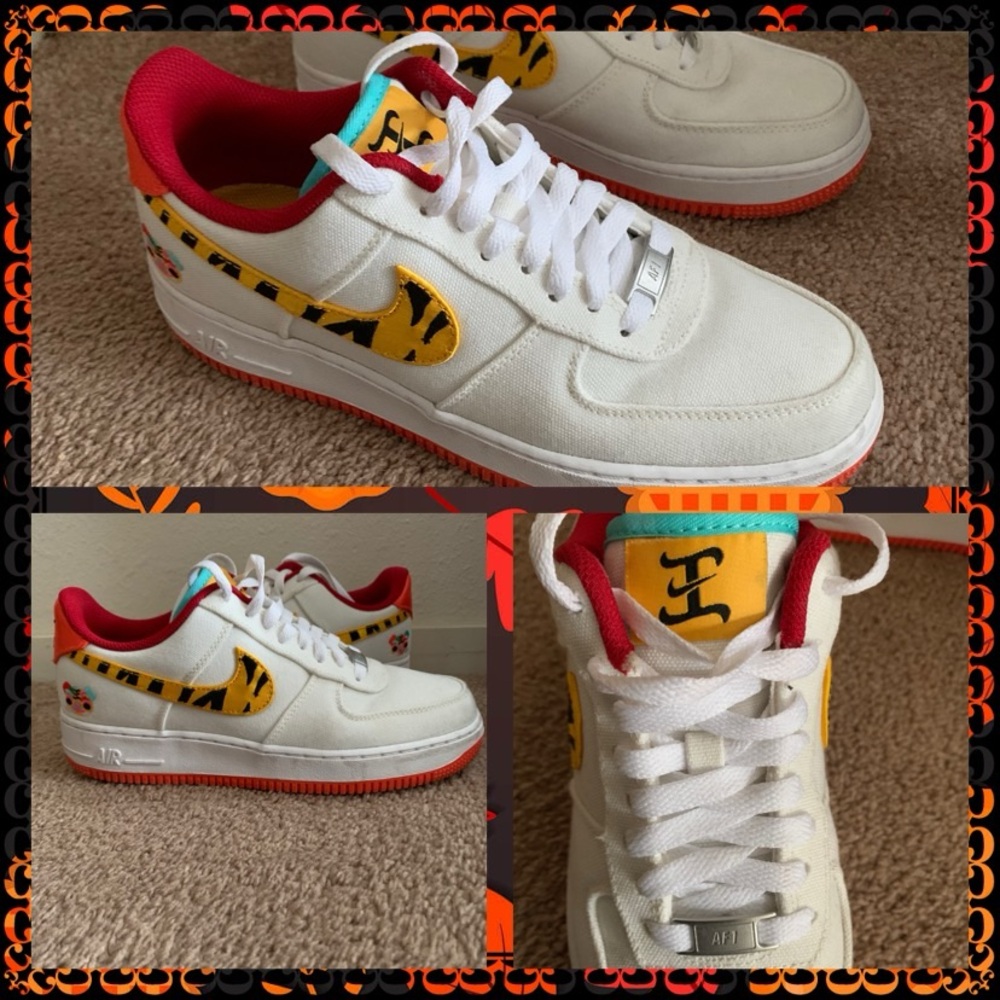 Nike White Yellow Red Accent Low-Top Sneakers with Patterned Swoosh